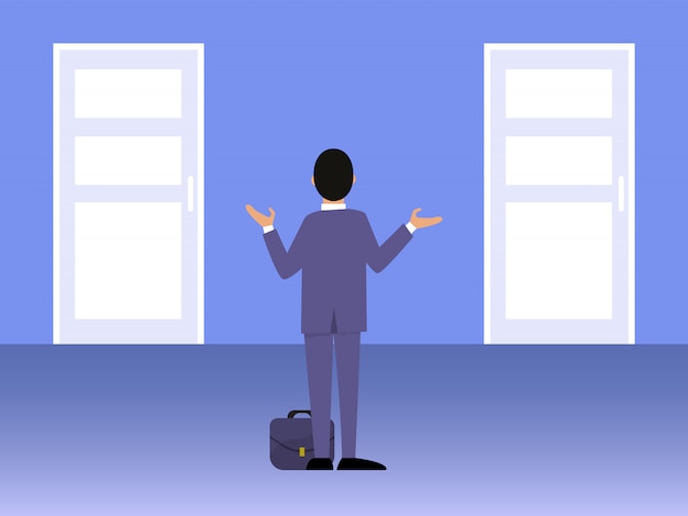 Premium Vector | Businessman standing in front of two doors illustration.