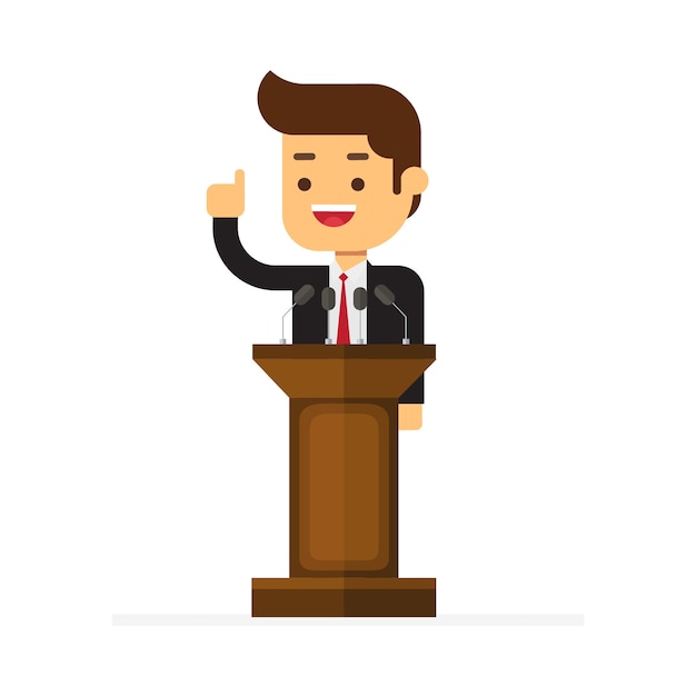 Premium Vector | Businessman standing behind rostrum and giving a speech