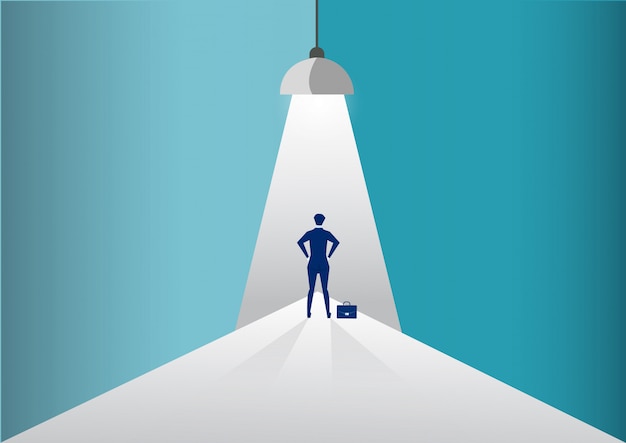 Businessman standing in spotlight or searchlight looking for new career opportunities. illustration. Premium Vector