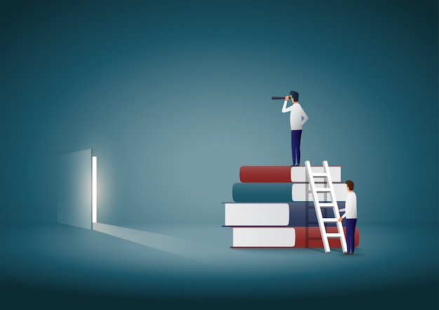 Businessman standing on top of books and looking for a solution. Premium Vector