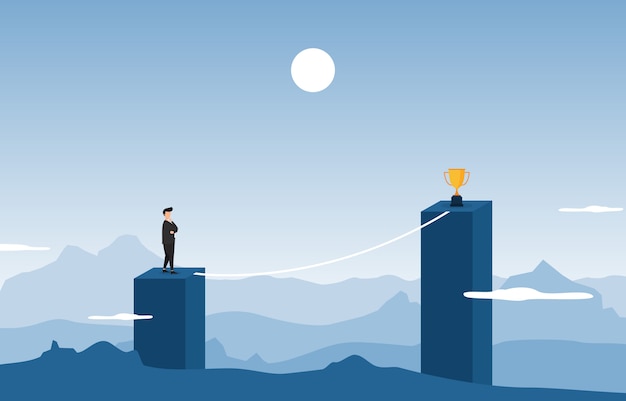 Businessman on top of building thinking how to reach target with obstacle business concept Premium Vector