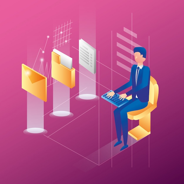 Businessman with data center network icons Premium Vector