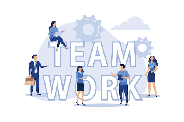 Premium Vector | Businessmen together build word teamwork construction ...