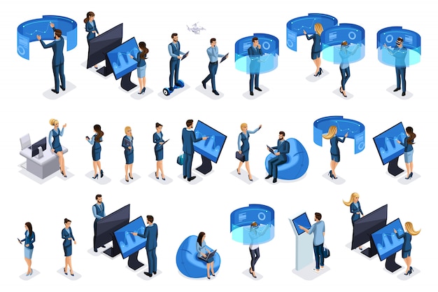 Businessmen with gadgets, work on virtual screens, beautiful business . front view and rear. emotions characters for illustrations Premium Vector