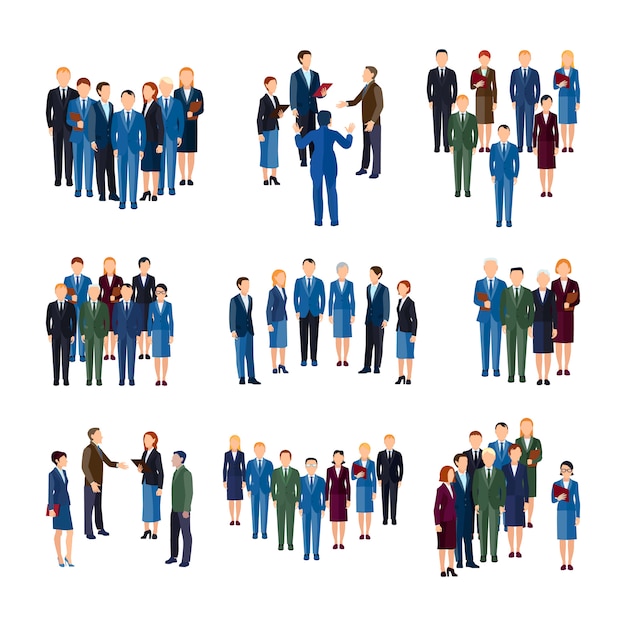 Businessmen and women professionals formally dressed working in office people groups Free Vector