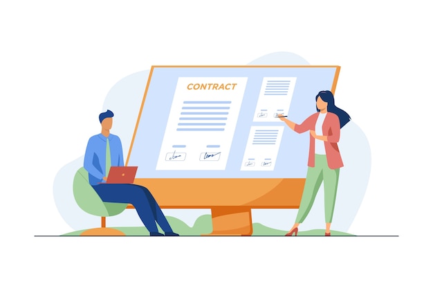 Businesspeople signing contract online. partners affixing signatures to document on monitor flat vector illustration. internet, global business Free Vector