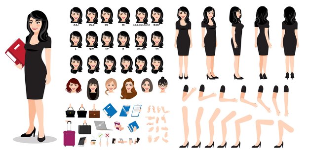 さまざまなビュー ヘアスタイル 顔の感情 口パク ポーズを設定した実業家の漫画のキャラクターの作成 デザイン作業やアニメーション用のボディテンプレートのパーツ プレミアムベクター