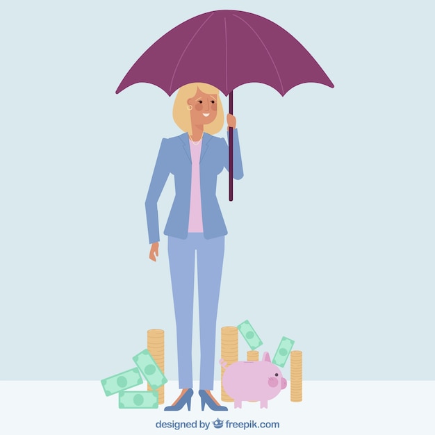 Businesswoman character with umbrella and
money