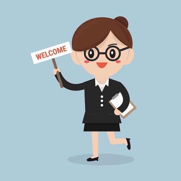 Premium Vector | Businesswoman holding welcome sign. vector. flat design