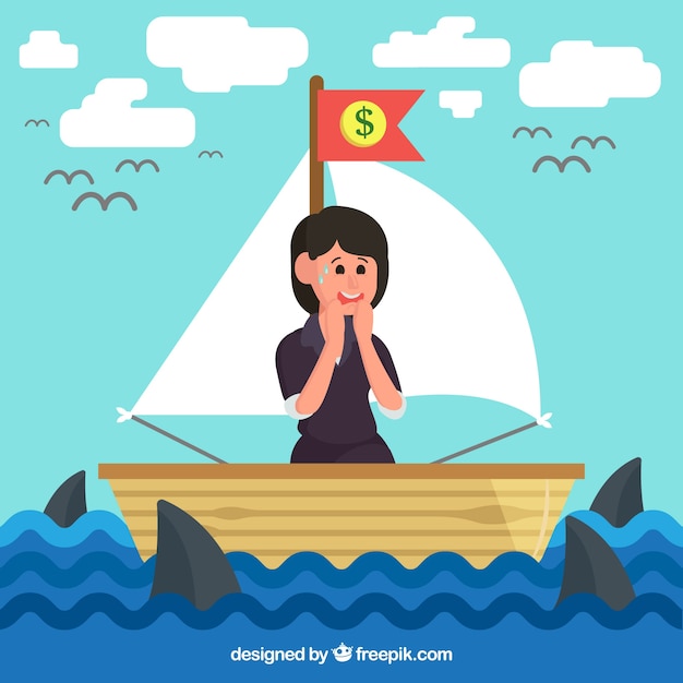 Businesswoman in boat surrounded by
sharks