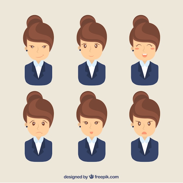 Businesswoman with six facial expressions in
flat design