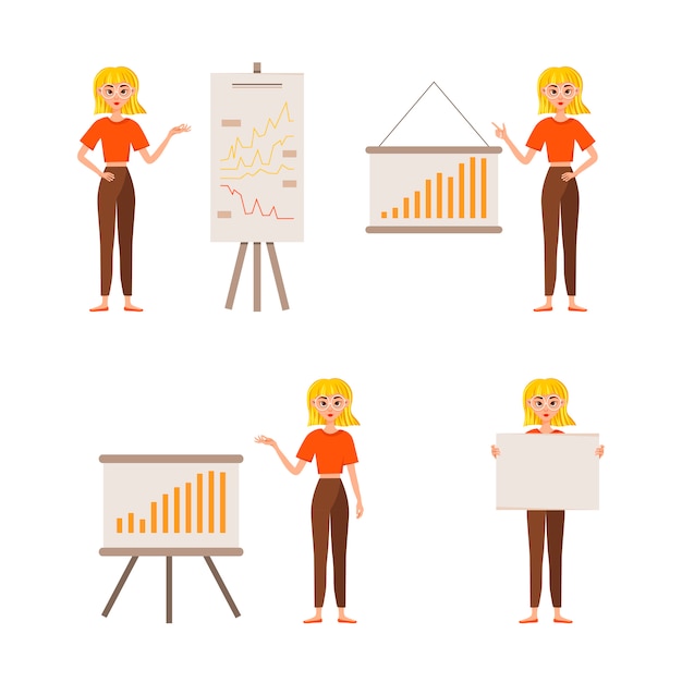 Businesswoman working character design set. the girl shows on the development chart. 12 poses vector illustration. Premium Vector
