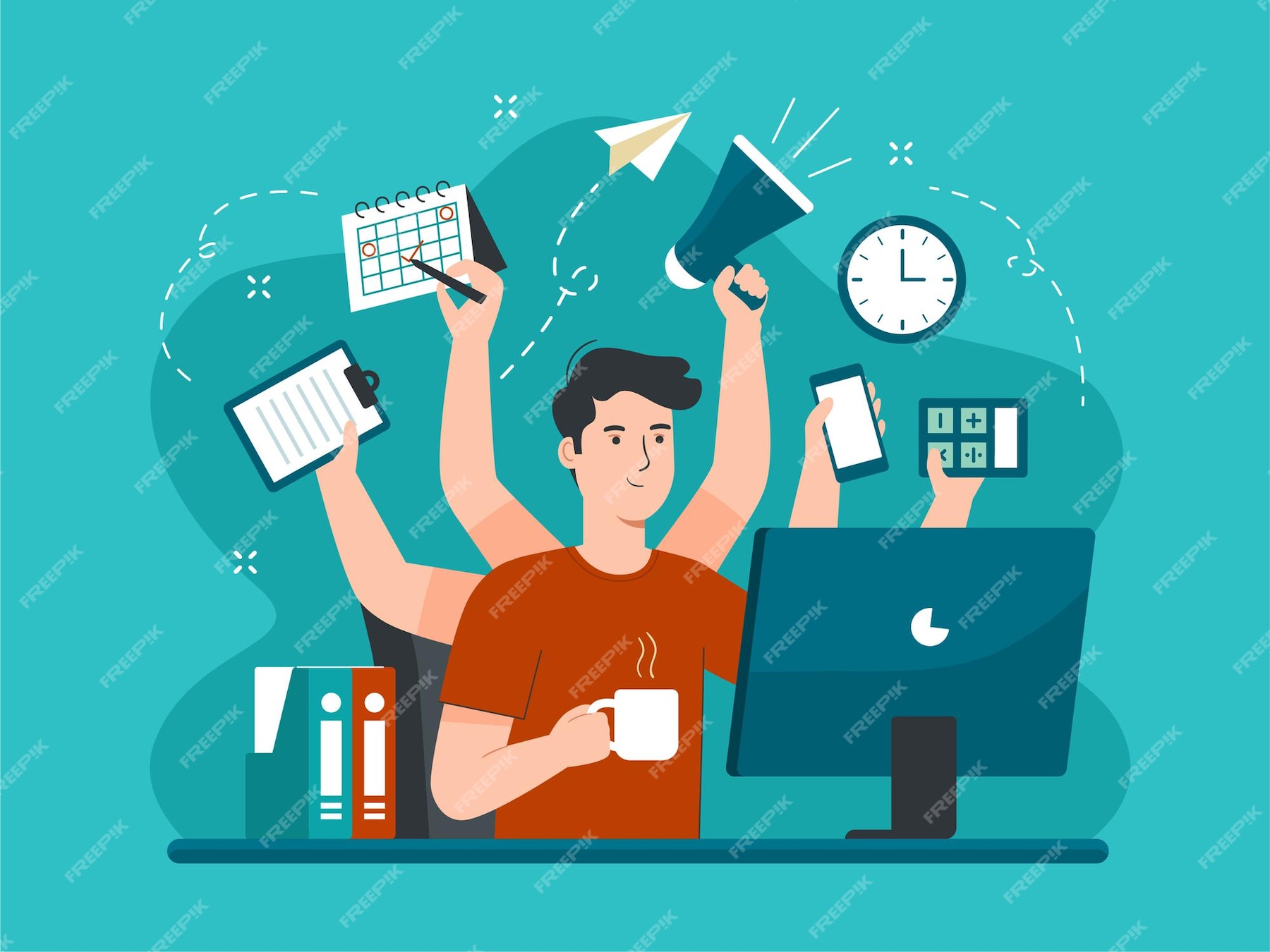 premium-vector-busy-man-with-many-hands-doing-several-actions-at-the