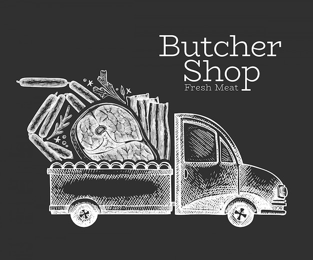 肉屋の配達ロゴ 肉のイラストが描かれたトラックを手します 刻まれたスタイルのレトロなフードデザイン プレミアムベクター