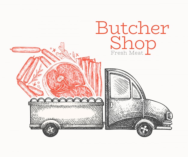 プレミアムベクター 肉屋の配達ロゴのテンプレート 肉のイラストが描かれたベクタートラックを手します 刻まれたスタイルのレトロなフードデザイン
