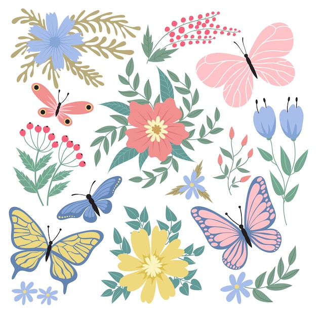 蝶と花のイラスト プレミアムベクター