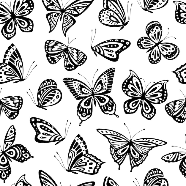 蝶のパターン ロマンチックな空飛ぶ蝶のシームレスなテクスチャ 抽象的な美しい春の壁紙 テキスタイルまたは内壁 春の蝶のパターンのシームレスなモノクロイラスト プレミアムベクター