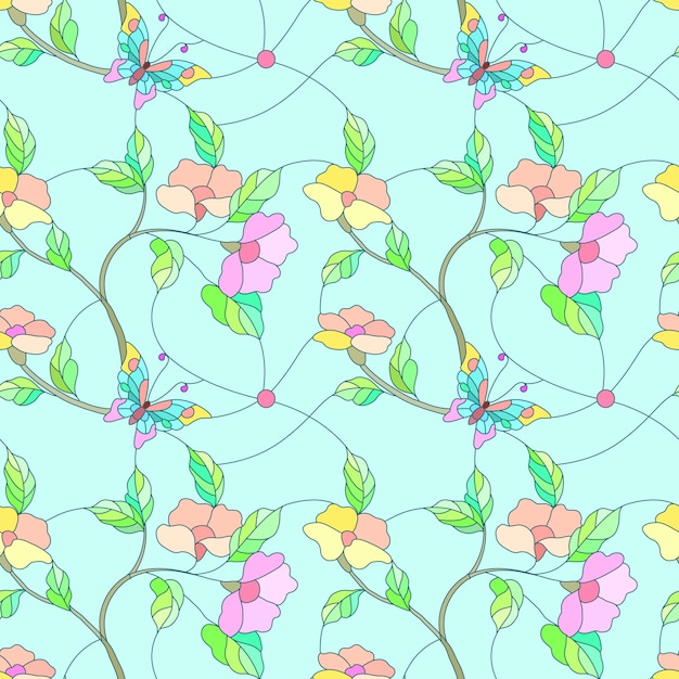 蝶と花の枝のステンドグラススタイルのパターン プレミアムベクター