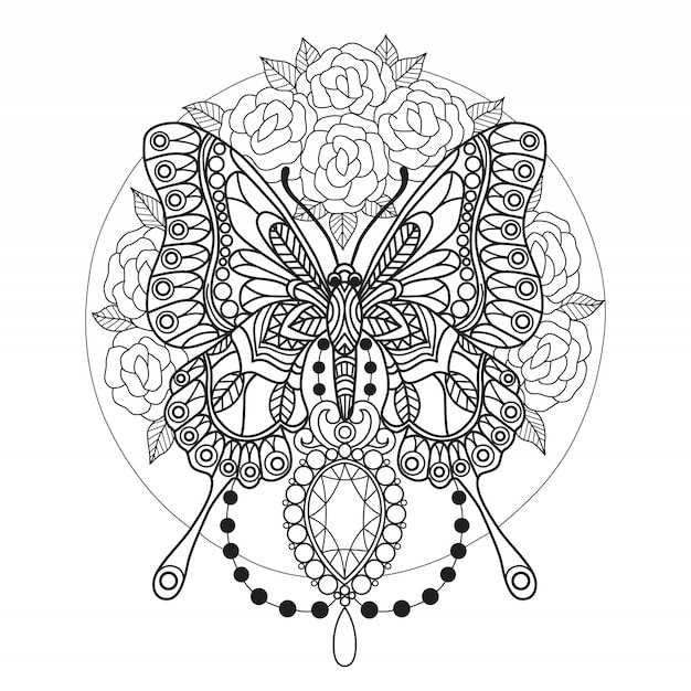 Download Butterfly and diamonds coloring page for adults Vector ...
