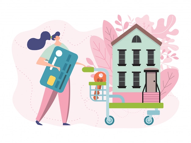 Premium Vector Buy New Home Illustration Flat Tiny Cartoon Woman Owner Character Pushing Shopping Cart With House Buyers People Buying Apartment