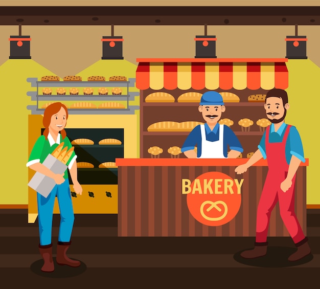 Buyer and seller at bakery cartoon illustration | Premium Vector