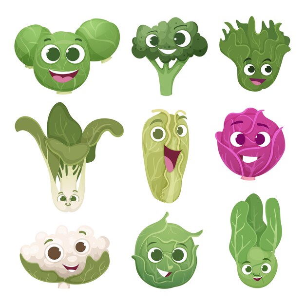 キャベツのキャラクター 目と笑顔の野菜漫画人の顔エコグリーンフードマスコットコレクション プレミアムベクター