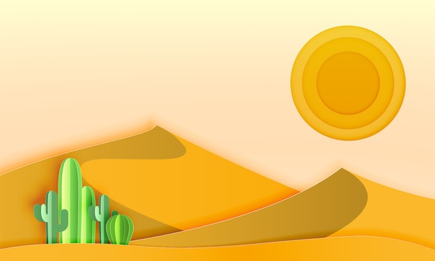 Cactus in the desert landscape with paper art style vector illustration Premium Vector
