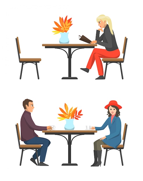 Cafe table and customers drinking tea set vector Premium Vector