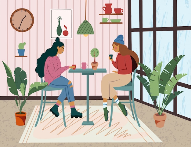 テーブルに座って コーヒーを飲んで 働いている女の子と一緒にカフェ トレンディなフラットスカンジナビアのカラフルなイラスト手描き漫画のスタイル プレミアムベクター
