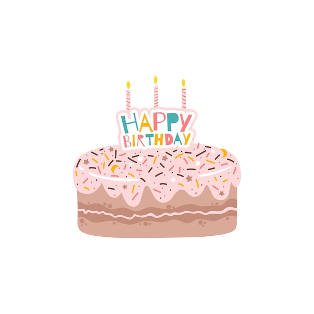 キャンドルと碑文の誕生日パーティーでケーキを振りかけるとピンクの釉薬 白い背景の上のシンプルな漫画スタイルの孤立したフラットイラスト プレミアムベクター
