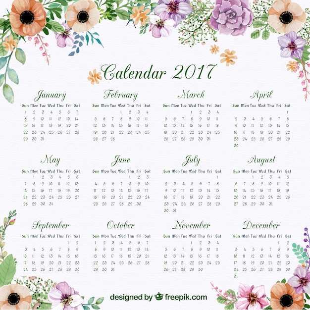 Calendar of 2017 with floral watercolor decoration Premium Vector