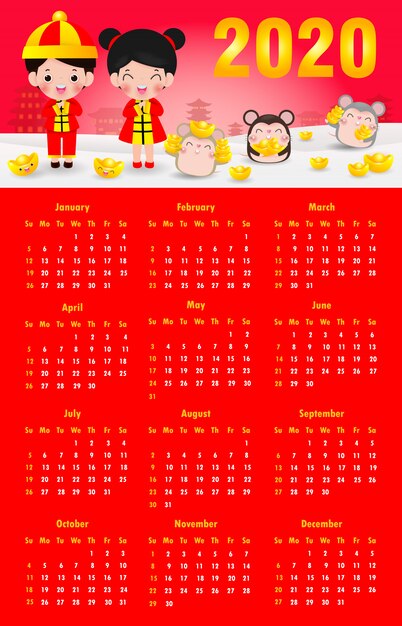 Calendar 2020. chinese new year Vector Premium Download