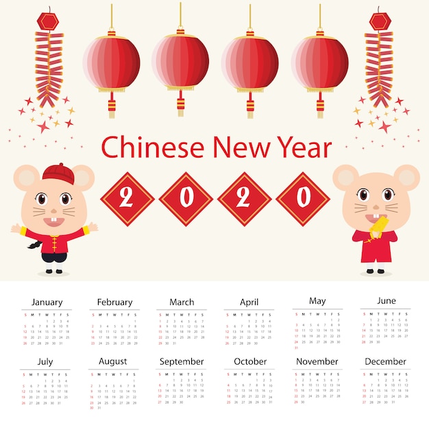 Calendar 2020 and happy chinese new year Premium Vector