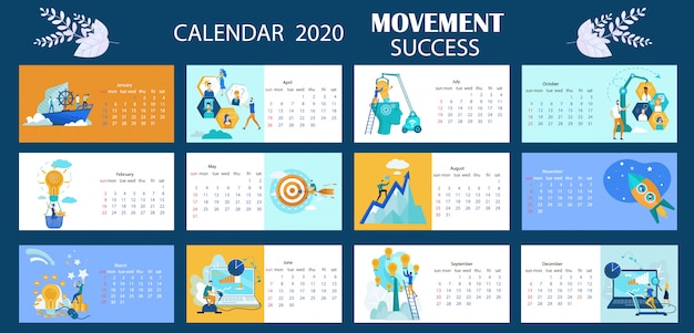 Calendar 2020 movement succes lettering cartoon. Premium Vector