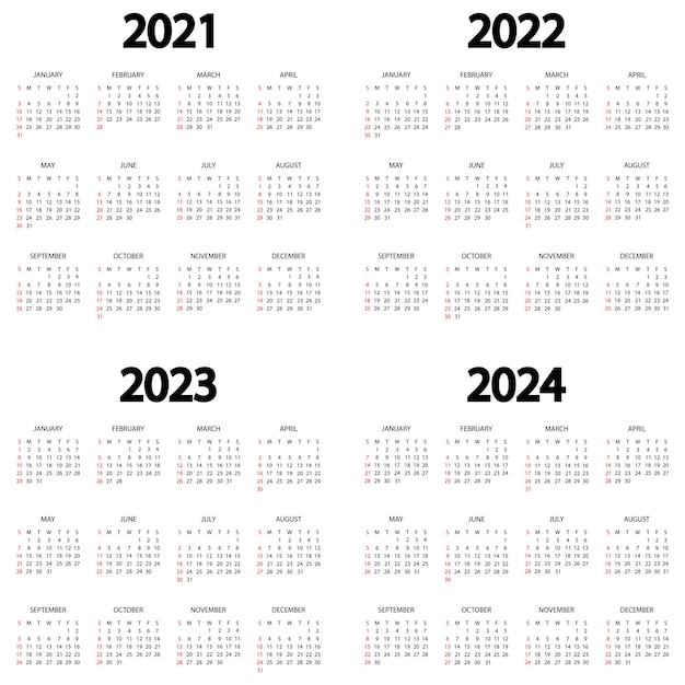 Premium Vector | Calendar 2021 2022 2023 2024 Year The Week Starts On Sunday Annual Calendar Template