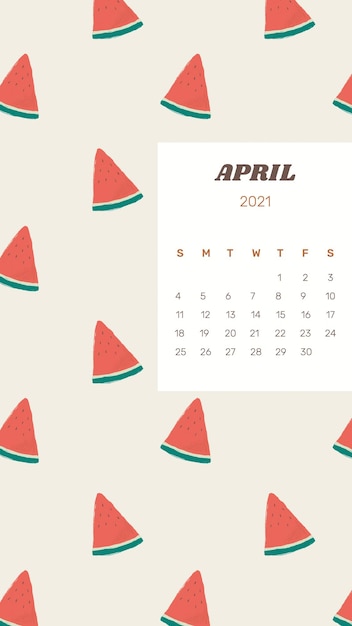 かわいいスイカの背景を持つカレンダー 21 年 4 月テンプレート 無料のベクター
