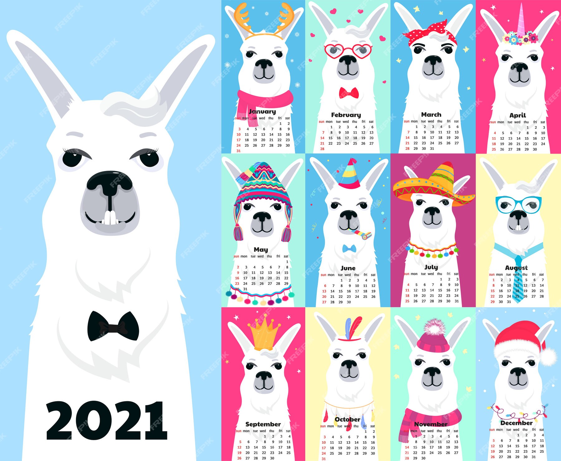 Premium Vector Calendar for 2021 from sunday to saturday. cute llama