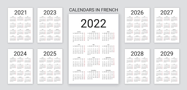 フランス語で22年 23年 24年 25年 26年 27年 28年のカレンダー ベクトルイラスト デスクプランナー プレミアムベクター