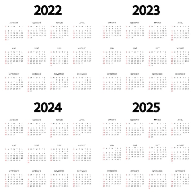 Premium Vector | Calendar 2022 2023 2024 2025 Year The Week Starts On Sunday Annual Calendar Template