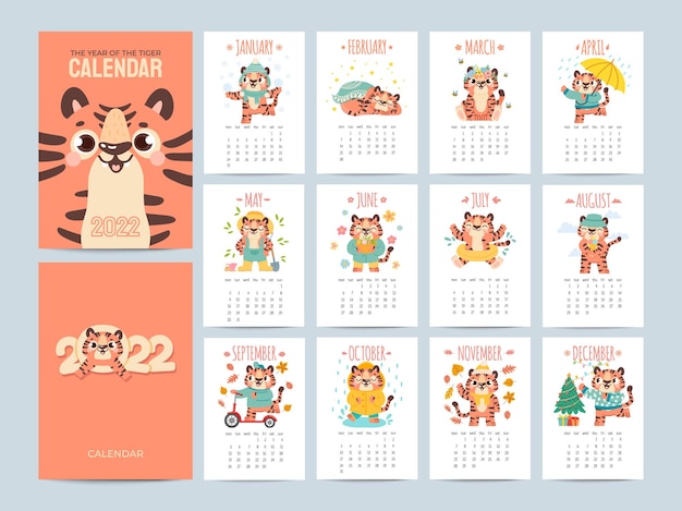 かわいいトラとカレンダー22 動物キャラクターの季節の活動の表紙と12ヶ月のページ 中国の旧正月のシンボルベクトルプランナー 22年暦年の イラストに中国の虎の文字 プレミアムベクター