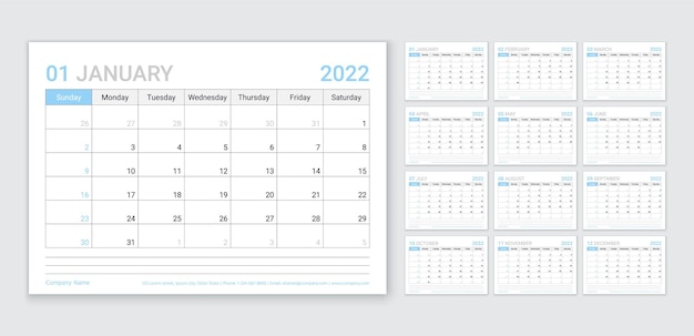 Premium Vector | Calendar For 2022 Year Planner Template Week Starts Sunday Monthly Calender Organizer