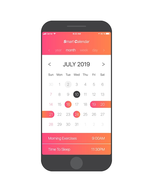 Calendar app ui concept july 2019 page vector template Premium Vector