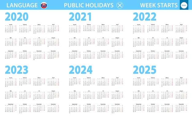 2020, 2021, 2022, 2023, 2024, 2025년 슬로바키아어 달력. 주는 월요일부터 시작합니다. | 프리미엄 벡터