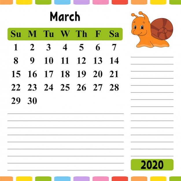 Calendar For March 2020 With A Cute Character