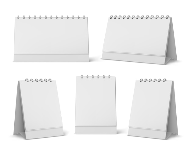 空白ページとスパイラルのカレンダーモックアップ デスクトップの縦型紙カレンダーは 白い背景で隔離の正面図と側面図をモックアップします 議題 アルマナック テンプレート リアルな3dイラスト セット 無料のベクター