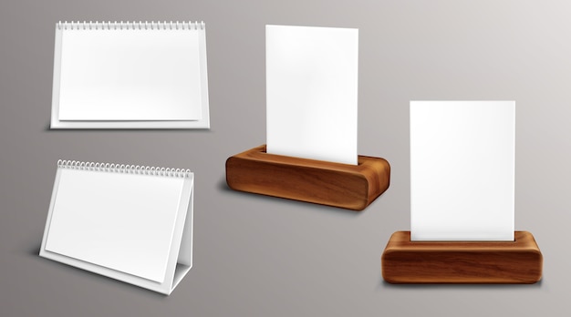 木製ベースのカレンダー 空白ページとバインダー付きのルーズリーフ年鑑 デスクトップの紙のカレンダーの正面図と側面図 分離された議題 テンプレート リアルな3dイラスト セット 無料のベクター