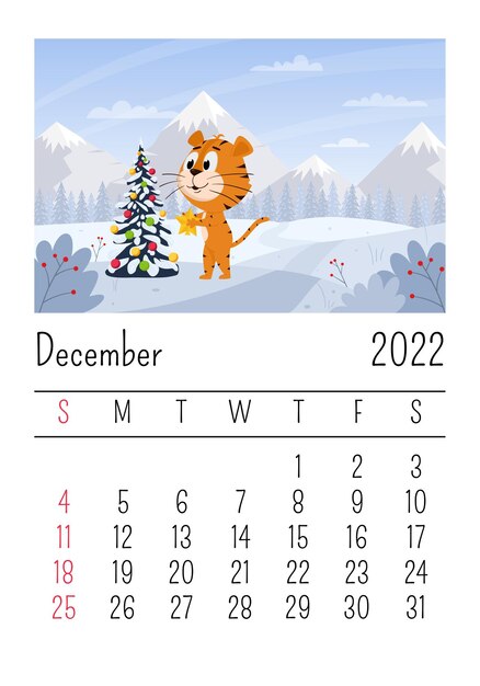 December Calendar 2022 Christmas Premium Vector | Calendar Page For 2022, December. Cute Cartoon Tiger  Decorates The Christmas Tree In The Forest.