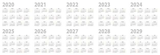 年 21年 22年 23年 24年 25年 26年 27年 28年 29年の基本設計に設定されたカレンダー 英語で10年間のベクターカレンダーコレクション 週は日曜日に始まります プレミアムベクター