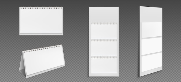 空白のページとバインダーのカレンダー デスクトップと壁紙のカレンダーの正面図と側面図 議題 透明な背景に分離されたアルマナックテンプレート リアルな3dイラスト セット 無料のベクター