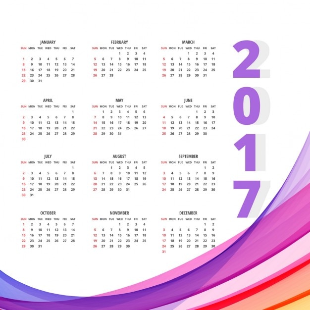 Free Vector Calendar with full color wavy shapes